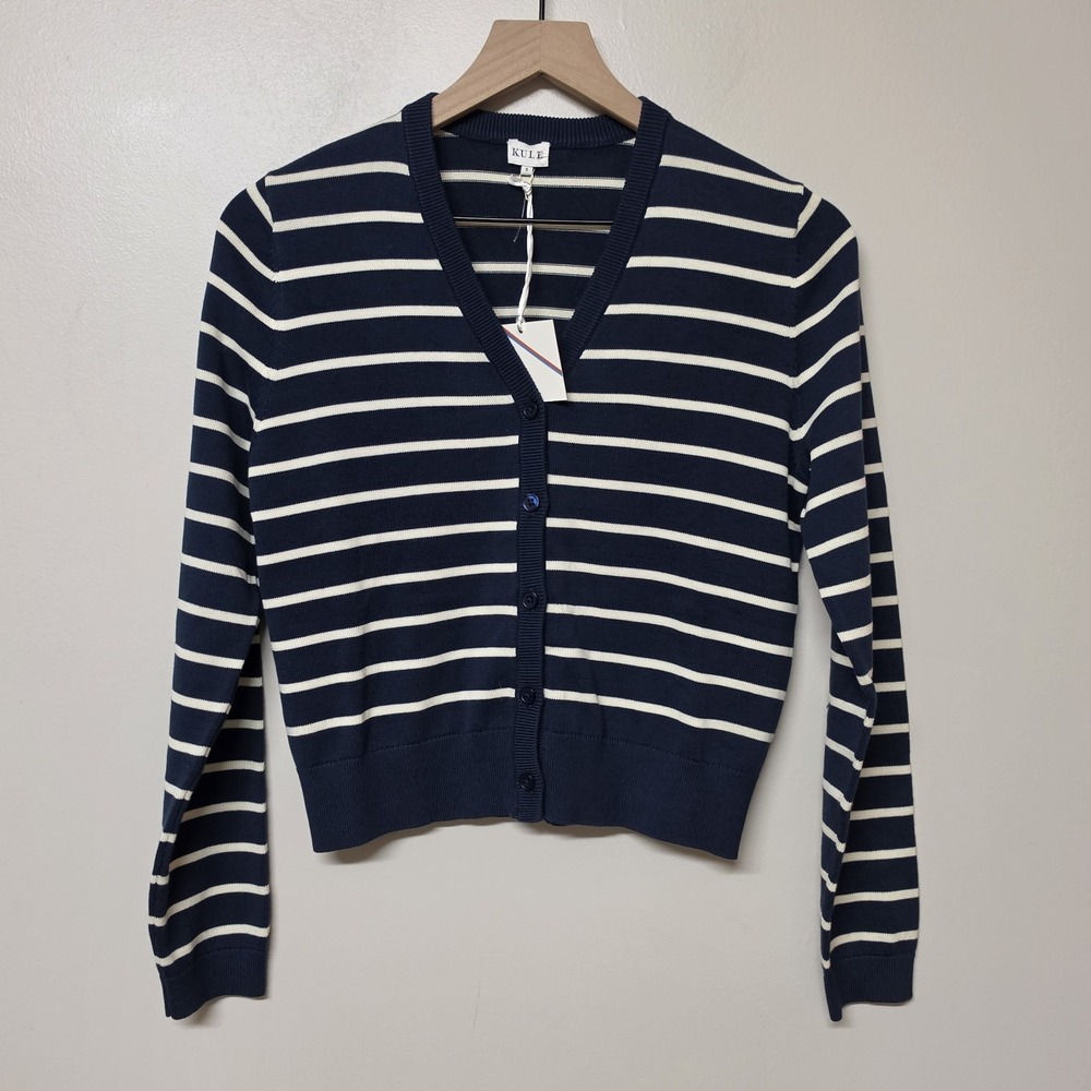 KULE Navy White Striped Cotton Cardigan Sweater Women's Small Button Front Crop